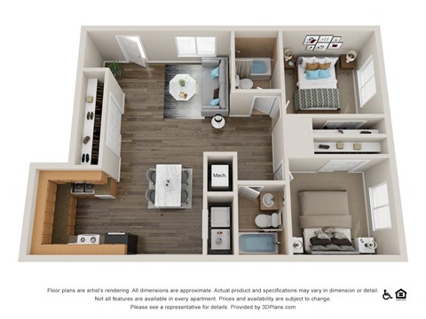 Floor plan for 2 beds, 2 baths, 1330 sqft